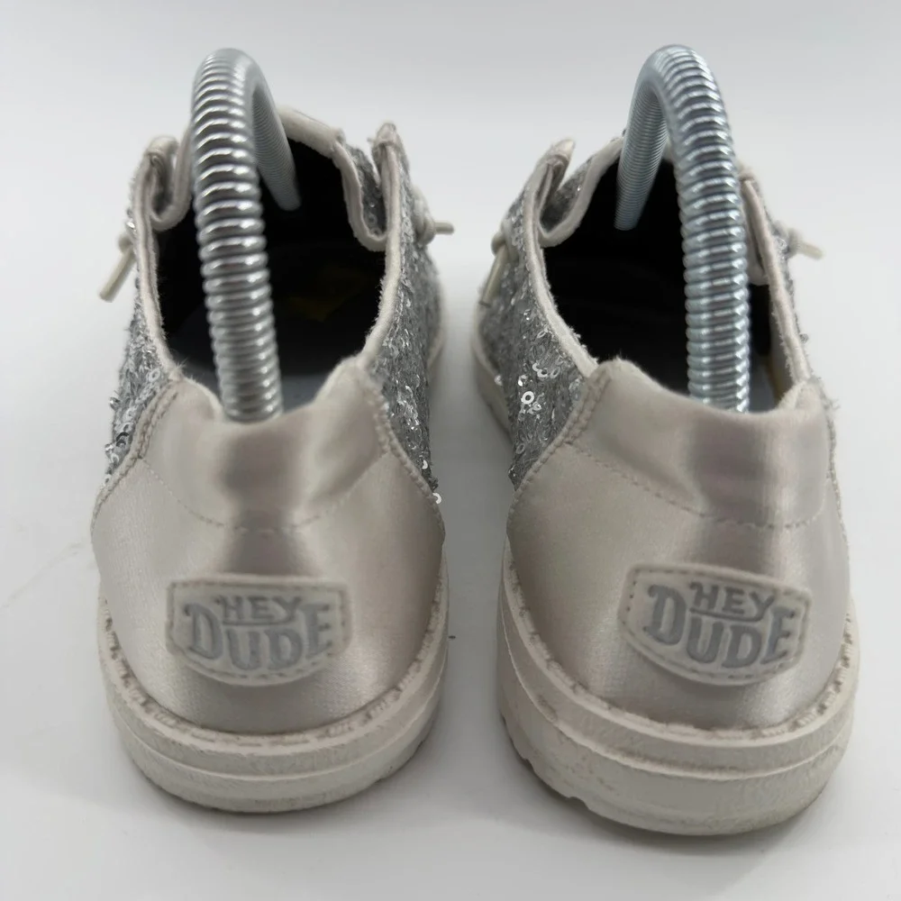 Hey Dude Wendy Sequin Cream Silver Sparkle Loafers Womens 7
